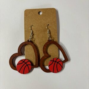 Heart Shaped Wooden Basketball Earrings Brown, Orange and Black  Handmade.